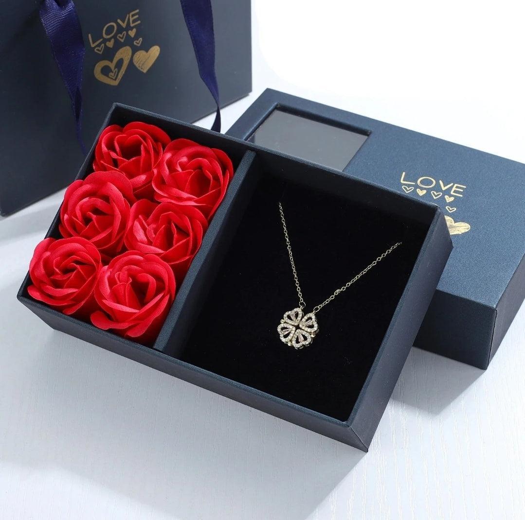 Heart Clover Necklace with Box of 6 Roses