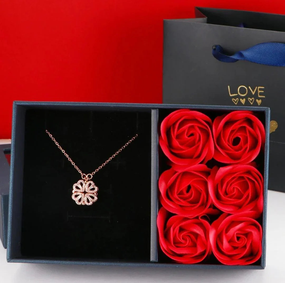 Heart Clover Necklace with Box of 6 Roses