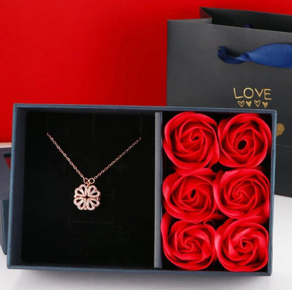 Heart Clover Necklace with Box of 6 Roses